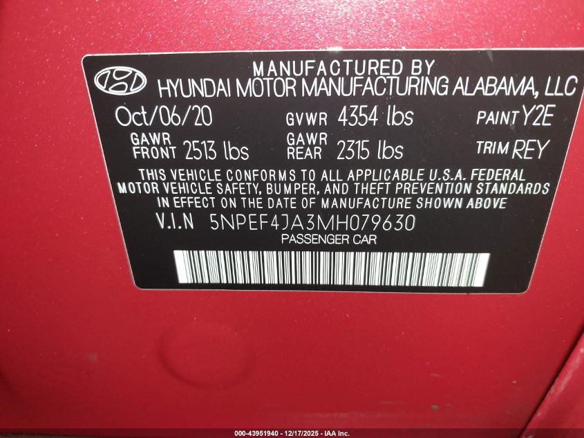 2021 Hyundai Sonata Sel VIN: 5NPEF4JA3MH079630 Lot: 43951940