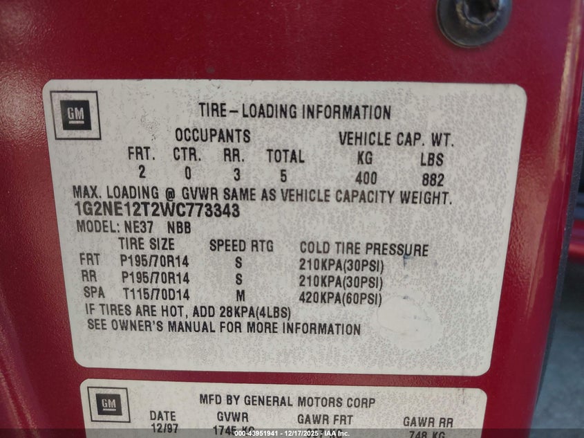 1G2NE12T2WC773343 1998 PONTIAC GRAND AM photo no. 9
