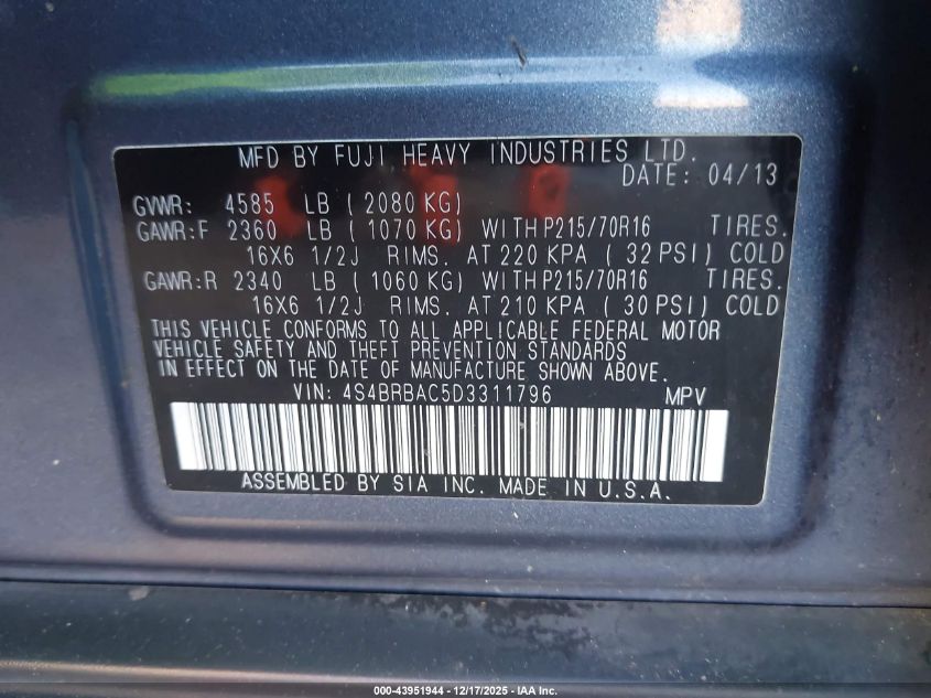 2013 Subaru Outback 2.5I VIN: 4S4BRBAC5D3311796 Lot: 43951944