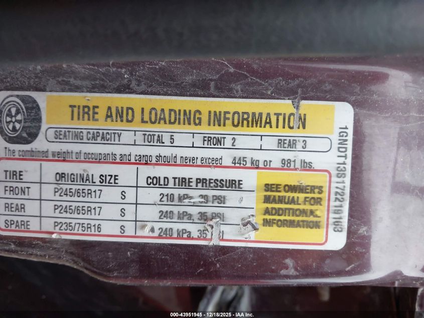 2007 Chevrolet Trailblazer Lt VIN: 1GNDT13S172219163 Lot: 43951945