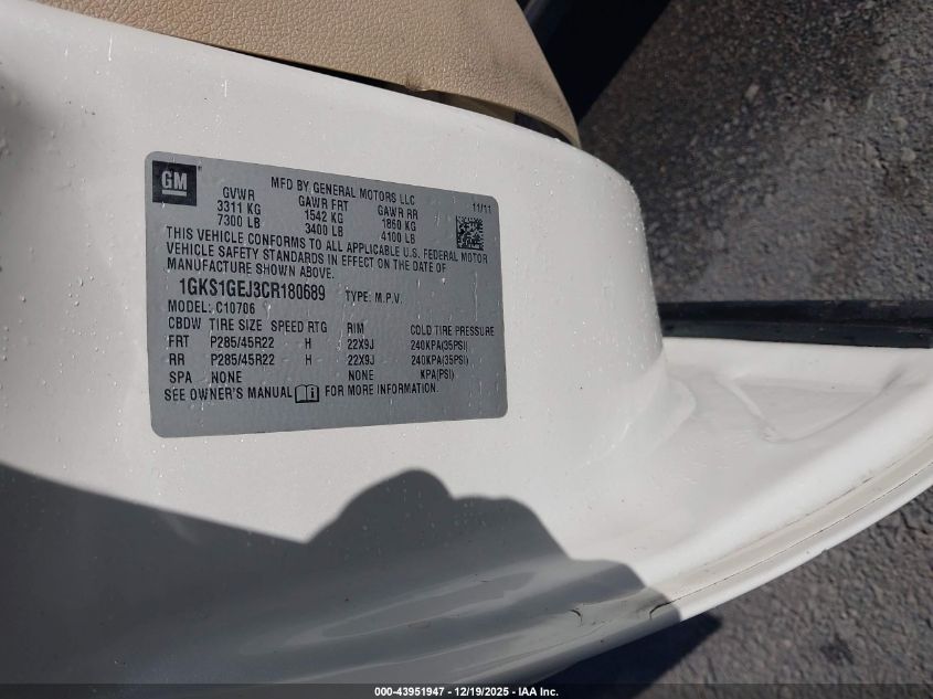2012 GMC Yukon Hybrid Denali VIN: 1GKS1GEJ3CR180689 Lot: 43951947