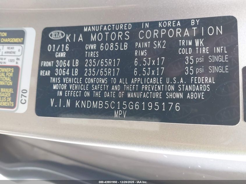 2016 Kia Sedona Lx VIN: KNDMB5C15G6195176 Lot: 43951950