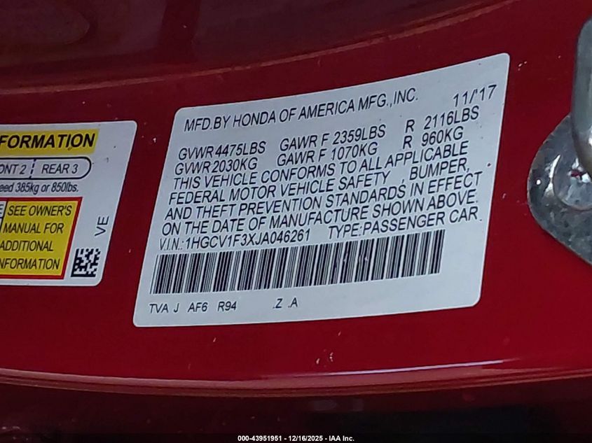 2018 Honda Accord Sport VIN: 1HGCV1F3XJA046261 Lot: 43951951