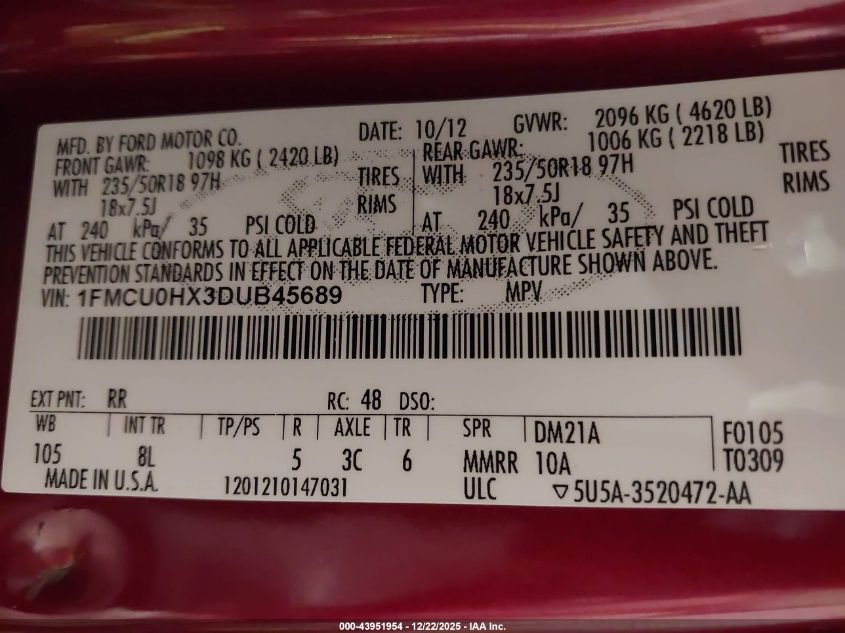 2013 Ford Escape Sel VIN: 1FMCU0HX3DUB45689 Lot: 43951954