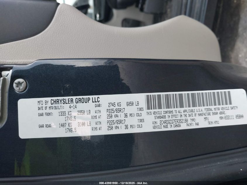 2014 Dodge Grand Caravan Sxt VIN: 2C4RDGCG7ER352180 Lot: 43951958