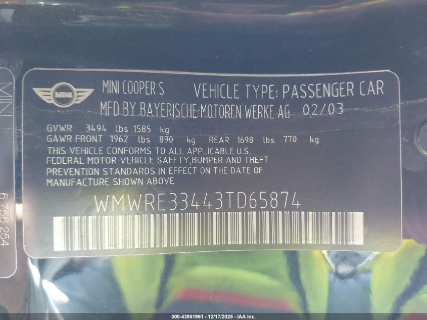 2003 Mini Cooper S VIN: WMWRE33443TD65874 Lot: 43951961