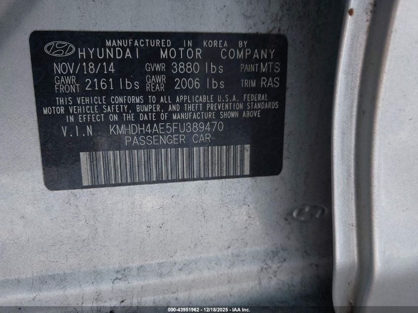 2015 Hyundai Elantra Se VIN: KMHDH4AE5FU389470 Lot: 43951962