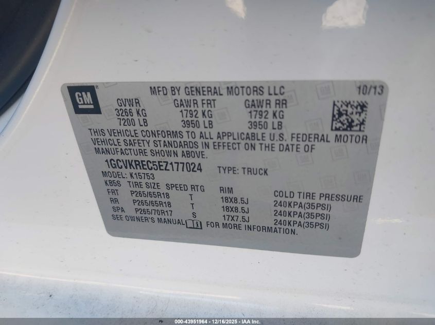 2014 Chevrolet Silverado 1500 2Lt VIN: 1GCVKREC5EZ177024 Lot: 43951964