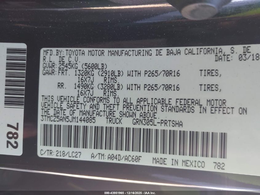 2018 Toyota Tacoma Trd Off Road VIN: 3TMCZ5AN5JM144085 Lot: 43951965