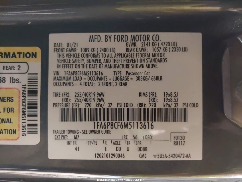 2021 Ford Mustang Gt Premium Fastback VIN: 1FA6P8CF6M5113616 Lot: 43951967