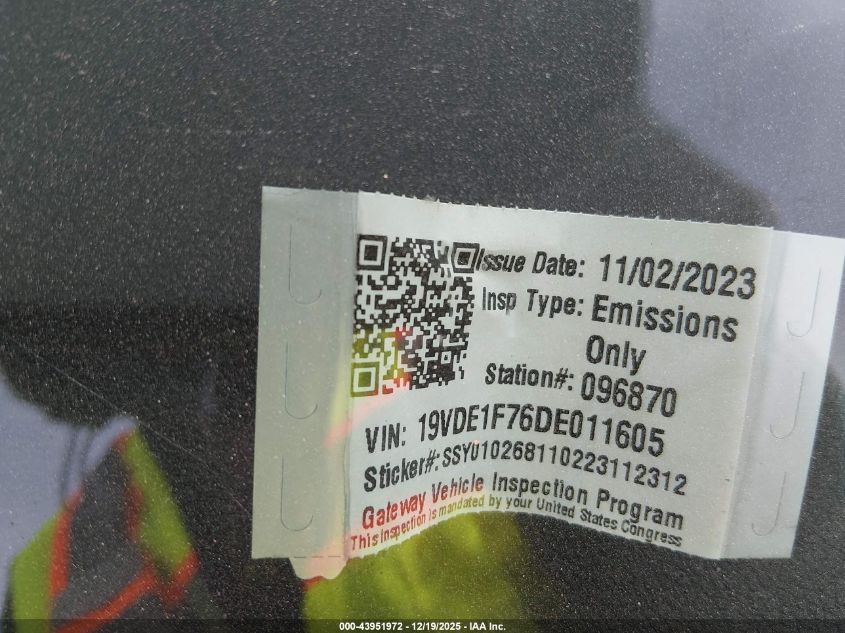 2013 Acura Ilx 2.0L VIN: 19VDE1F76DE011605 Lot: 43951972