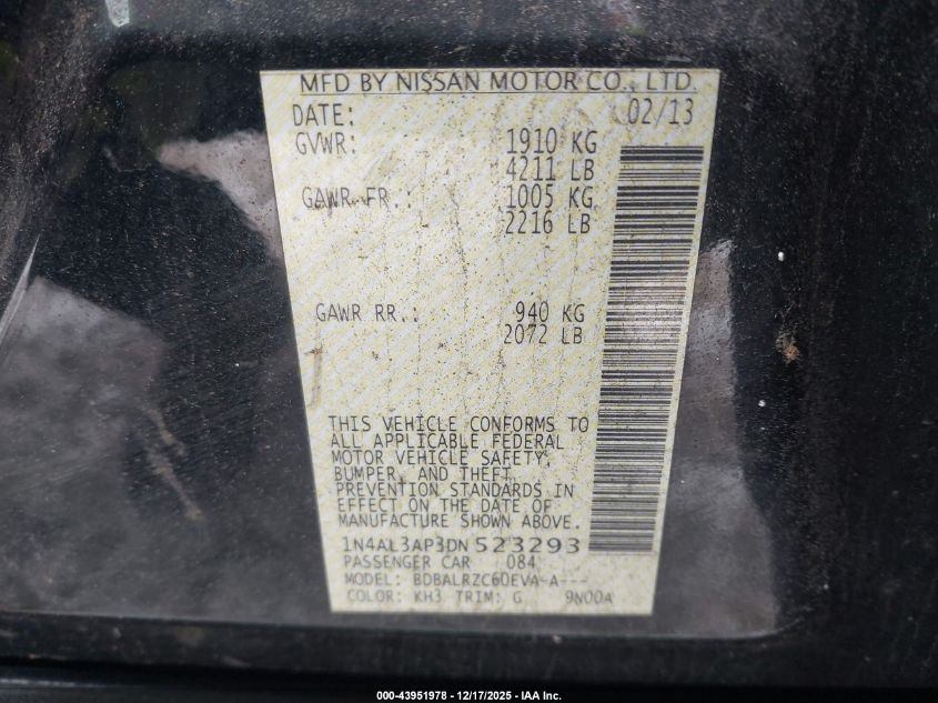 2013 Nissan Altima 2.5 S VIN: 1N4AL3AP3DN523293 Lot: 43951978