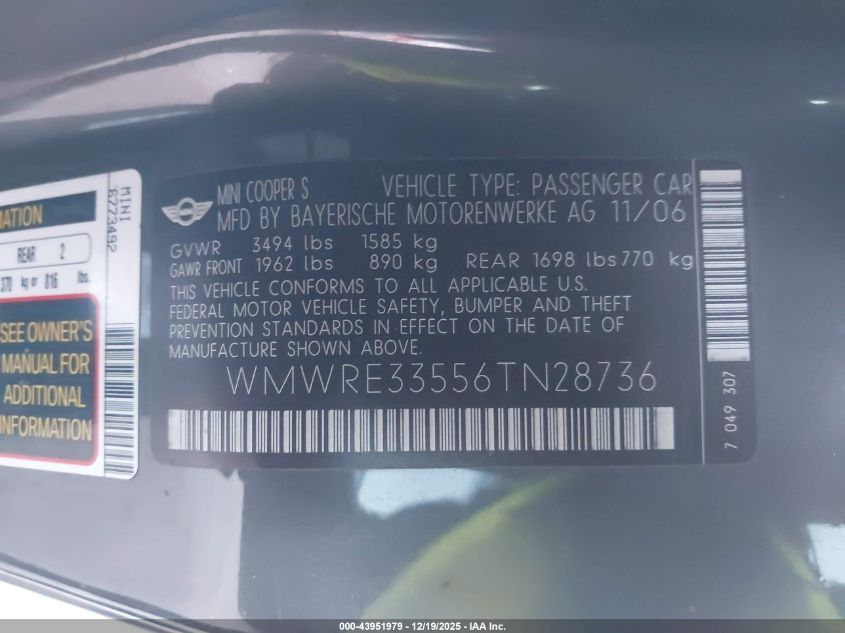 2006 Mini Cooper S VIN: WMWRE33556TN28736 Lot: 43951979