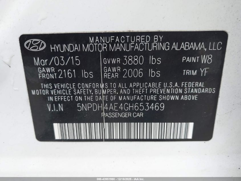 2016 Hyundai Elantra Se VIN: 5NPDH4AE4GH653469 Lot: 43951980