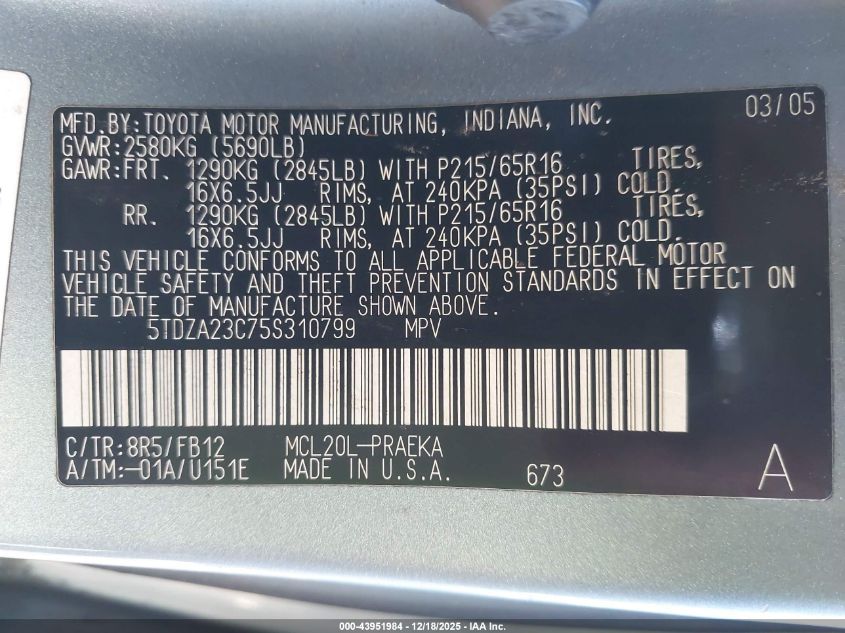 2005 Toyota Sienna Le VIN: 5TDZA23C75S310799 Lot: 43951984