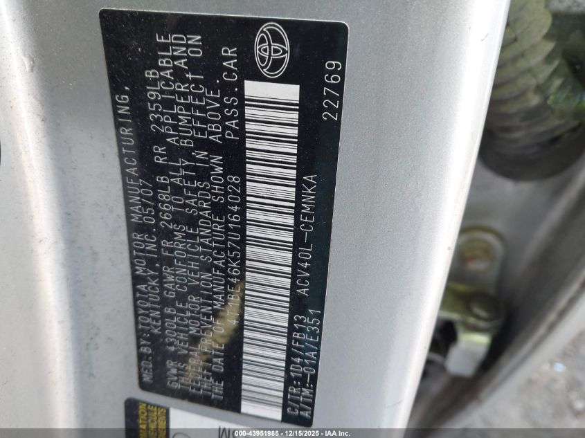 2007 Toyota Camry Ce VIN: 4T1BE46K57U164028 Lot: 43951985