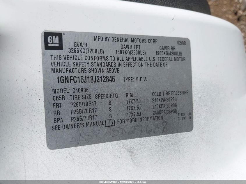 2008 Chevrolet Suburban 1500 Lt VIN: 1GNFC16J18J212846 Lot: 43951986