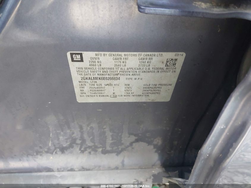 2014 GMC Terrain Sle-1 VIN: 2GKALMEK6E6266834 Lot: 43951987