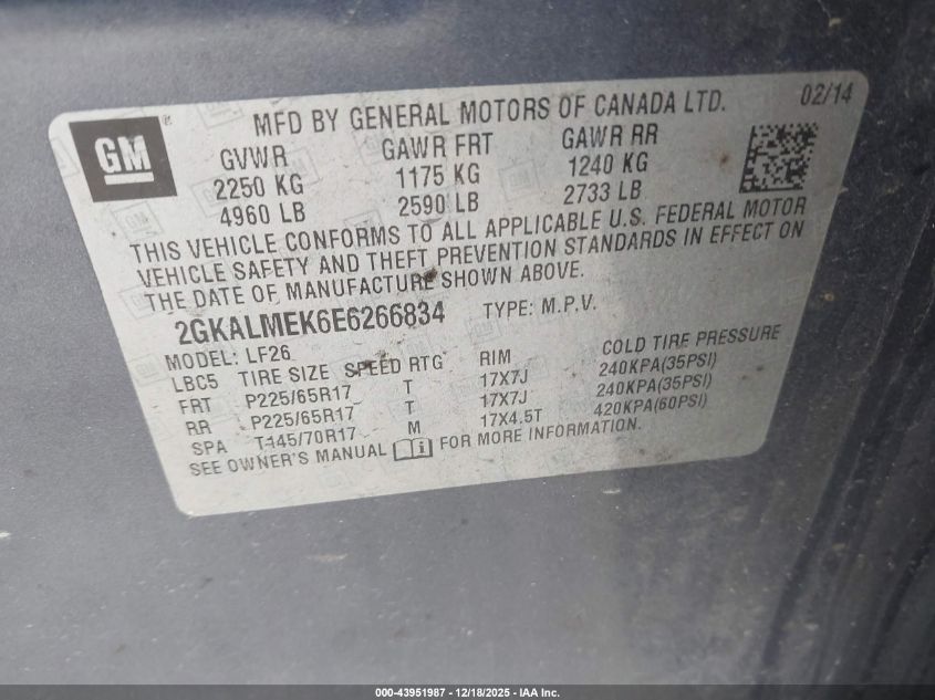 2014 GMC Terrain Sle-1 VIN: 2GKALMEK6E6266834 Lot: 43951987