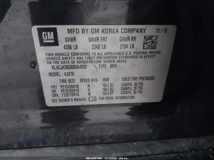 2016 Buick Encore VIN: KL4CJASB3GB564555 Lot: 43951990