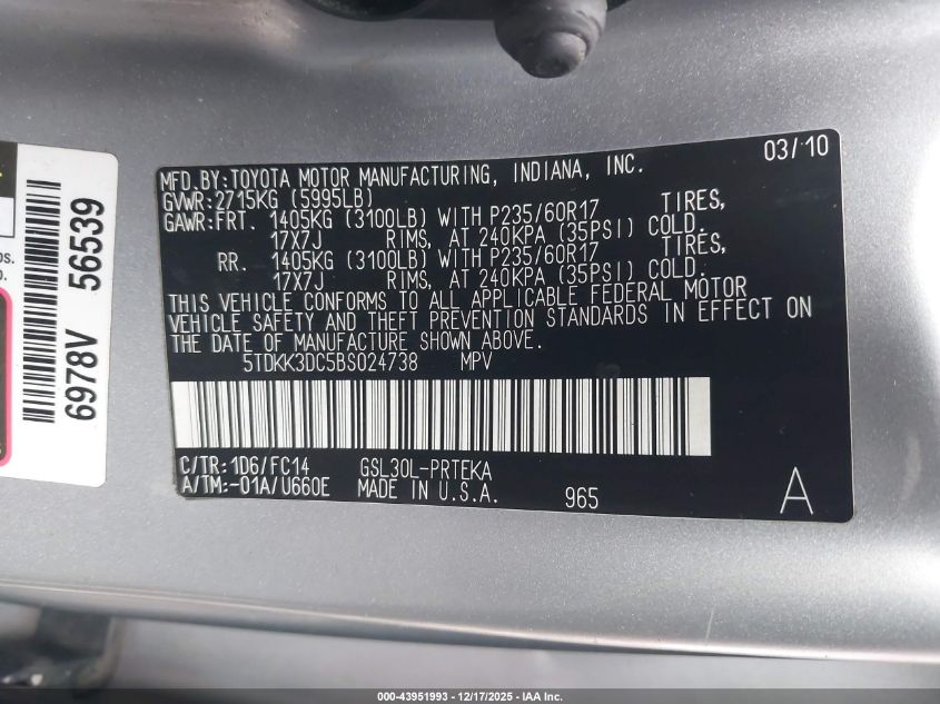 2011 Toyota Sienna Le V6 VIN: 5TDKK3DC5BS024738 Lot: 43951993