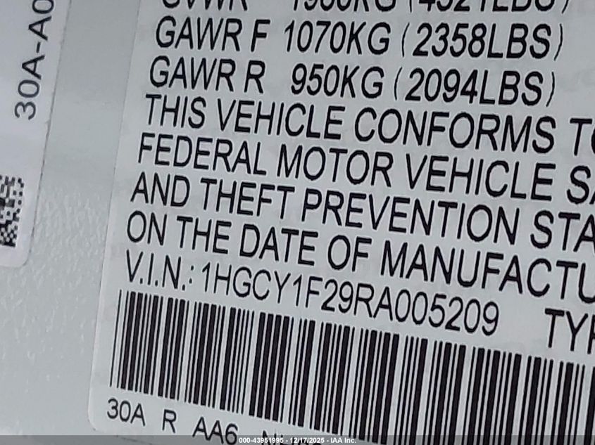 2024 Honda Accord Lx VIN: 1HGCY1F29RA005209 Lot: 43951995