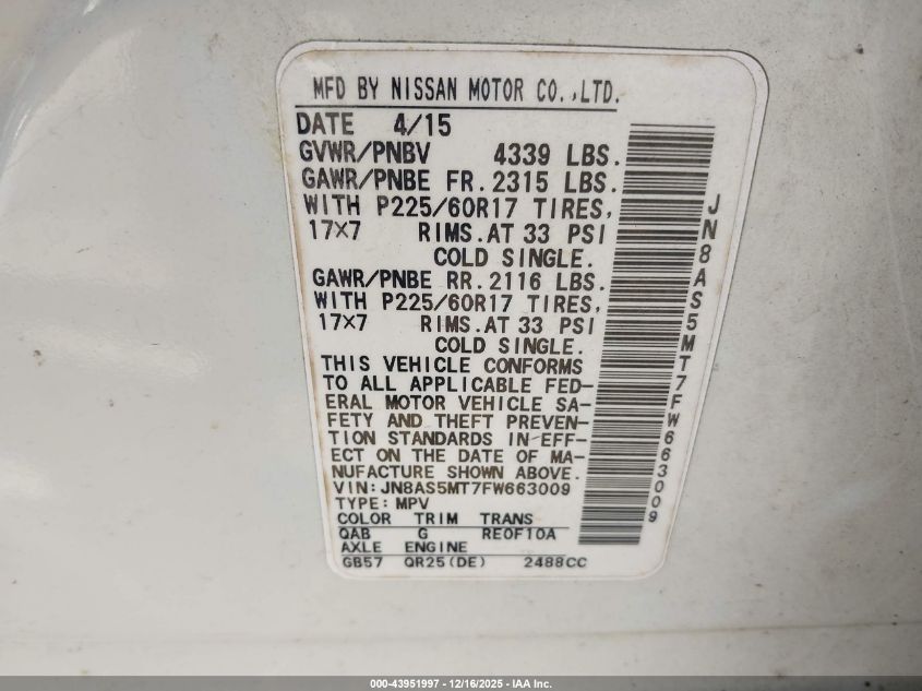 2015 Nissan Rogue Select S VIN: JN8AS5MT7FW663009 Lot: 43951997