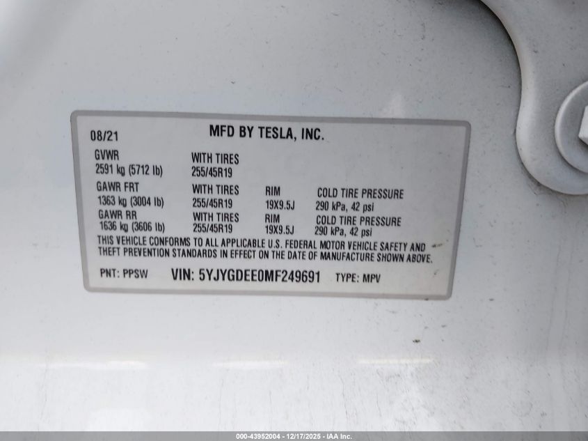 2021 Tesla Model Y Long Range Dual Motor All-Wheel Drive VIN: 5YJYGDEE0MF249691 Lot: 43952004