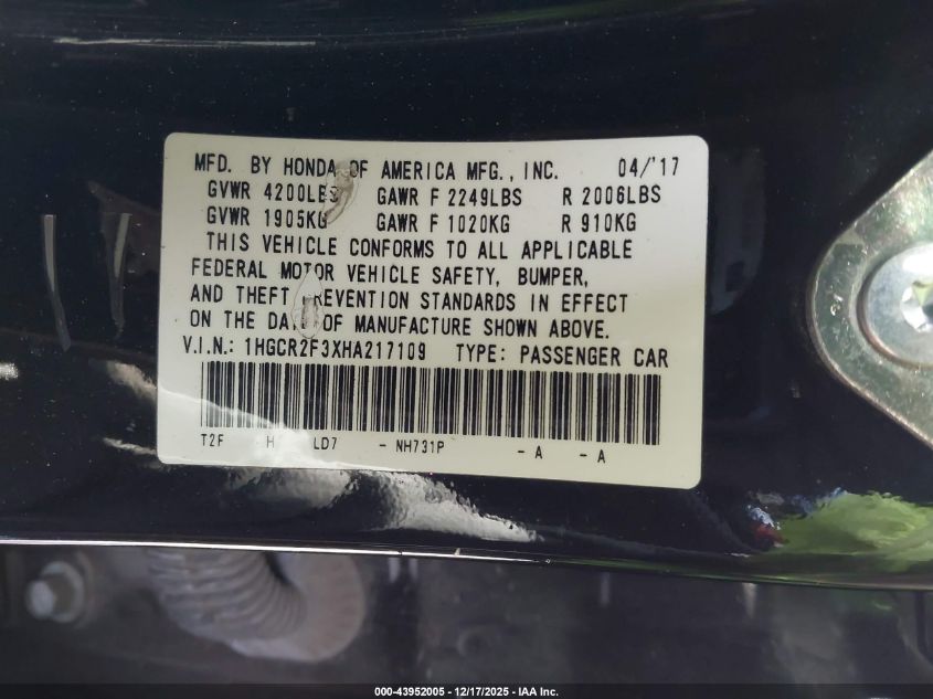 2017 Honda Accord Lx VIN: 1HGCR2F3XHA217109 Lot: 43952005