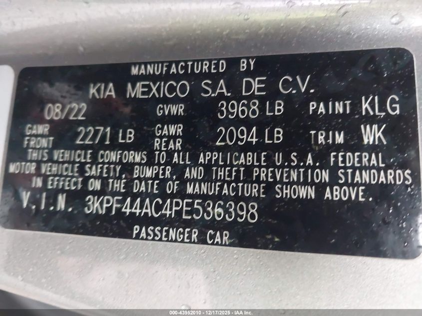 2023 Kia Forte Gt VIN: 3KPF44AC4PE536398 Lot: 43952010