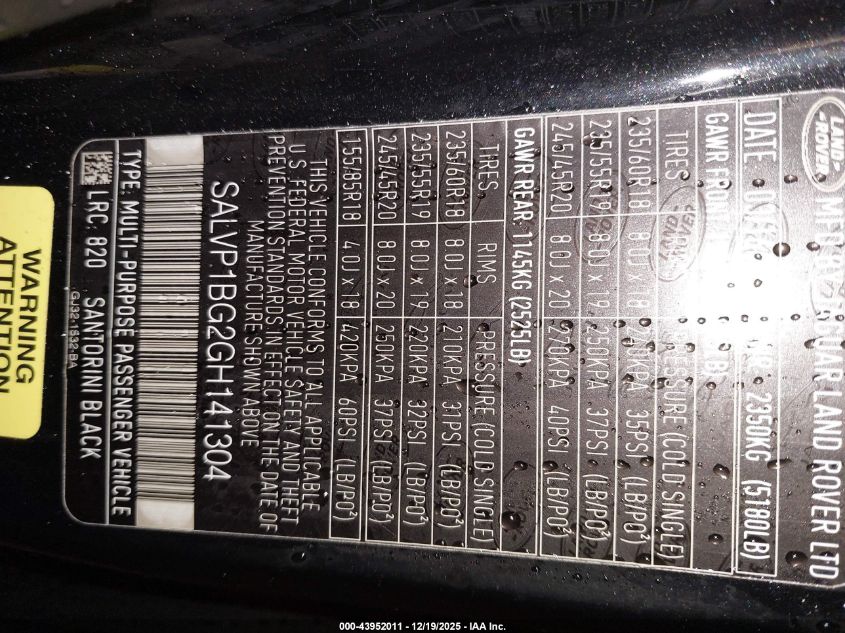 2016 Land Rover Range Rover Evoque Se Premium VIN: SALVP1BG2GH141304 Lot: 43952011