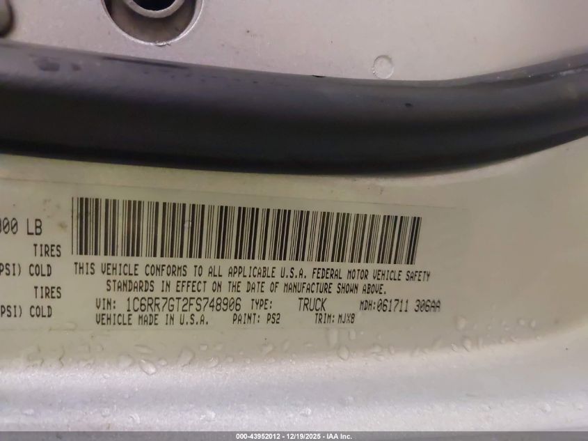 2015 Ram 1500 Big Horn VIN: 1C6RR7GT2FS748906 Lot: 43952012