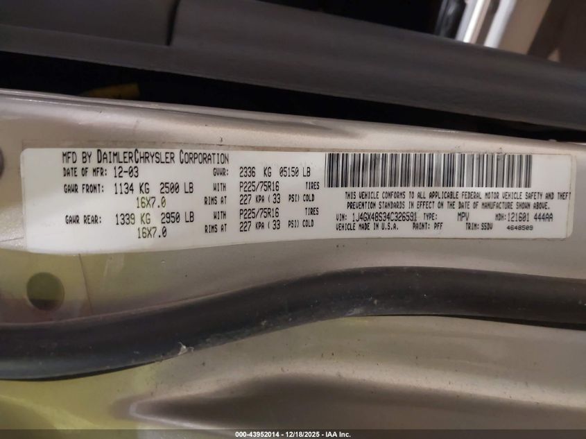 2004 Jeep Grand Cherokee Laredo VIN: 1J4GX48S34C326591 Lot: 43952014