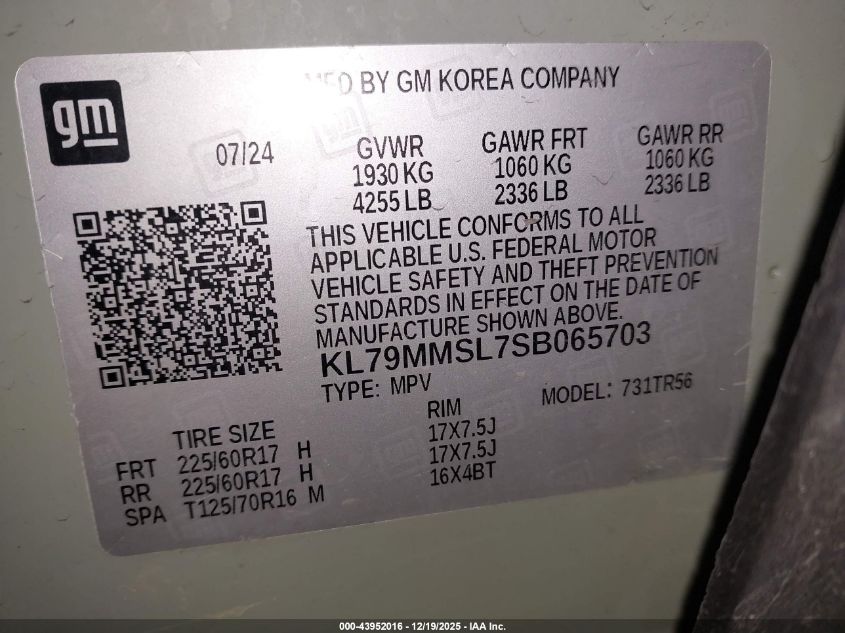 2025 Chevrolet Trailblazer Fwd Ls VIN: KL79MMSL7SB065703 Lot: 43952016