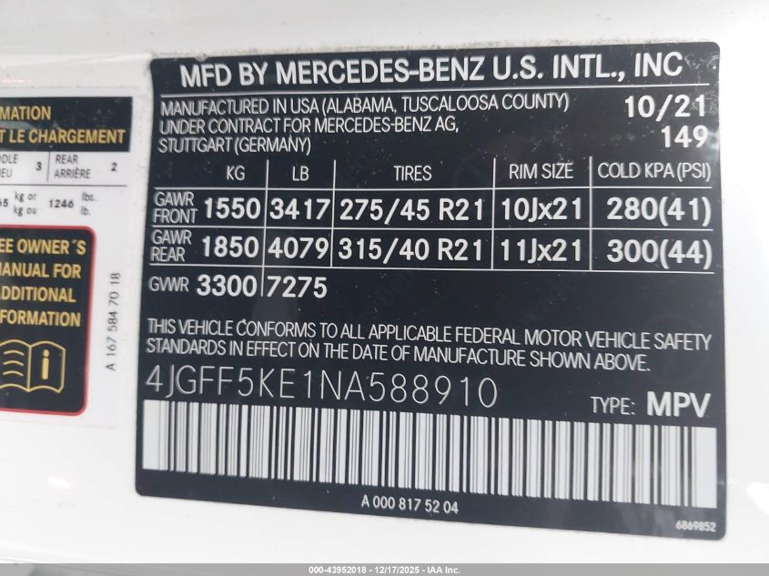 2022 Mercedes-Benz Gls 450 4Matic VIN: 4JGFF5KE1NA588910 Lot: 43952018