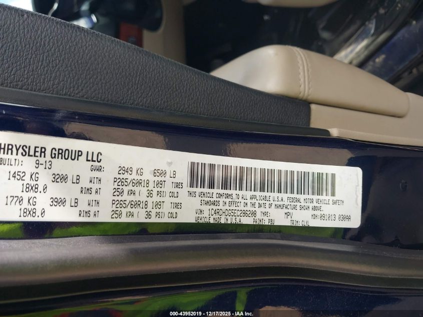 2014 Dodge Durango Limited VIN: 1C4RDHDG5EC286208 Lot: 43952019