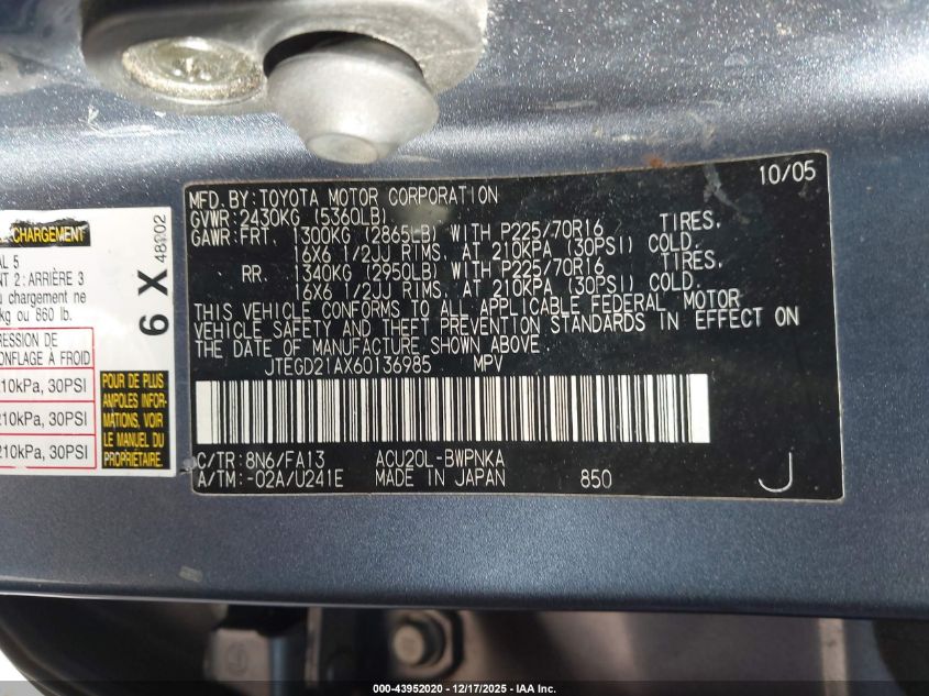 2006 Toyota Highlander VIN: JTEGD21AX60136985 Lot: 43952020