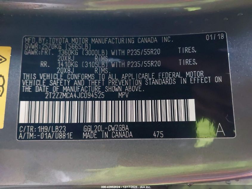 2018 Lexus Rx 350 VIN: 2T2ZZMCA4JC094525 Lot: 43952024