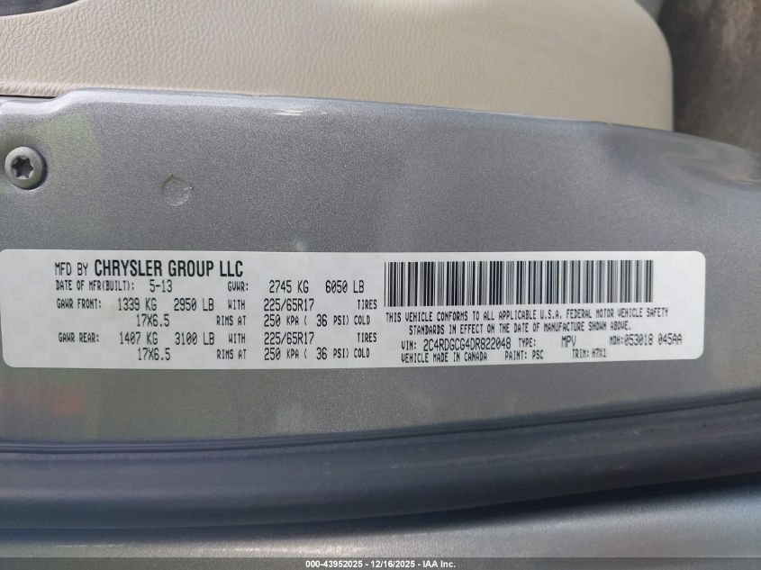 2013 Dodge Grand Caravan Sxt VIN: 2C4RDGCG4DR822048 Lot: 43952025