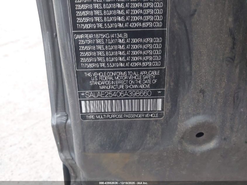 2006 Land Rover Lr3 V8 Se VIN: SALAE25406A398660 Lot: 43952026