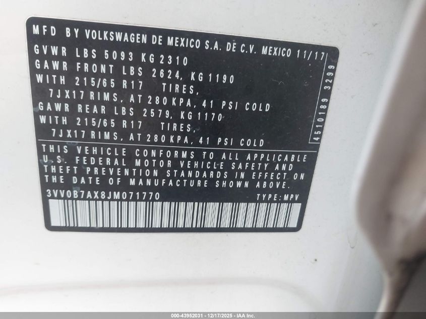 2018 Volkswagen Tiguan 2.0T S VIN: 3VV0B7AX8JM071770 Lot: 43952031