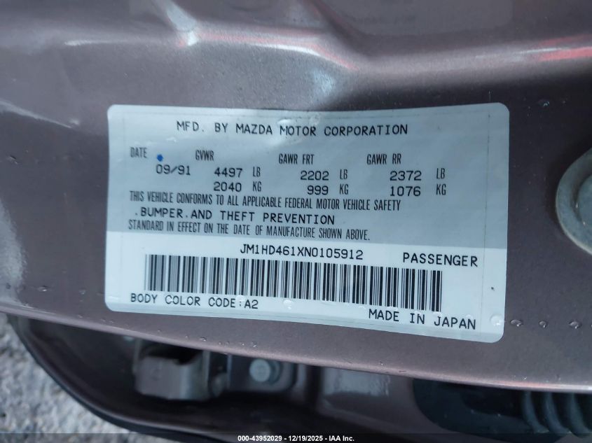 1992 Mazda 929 VIN: JM1HD461XN0105912 Lot: 43952029