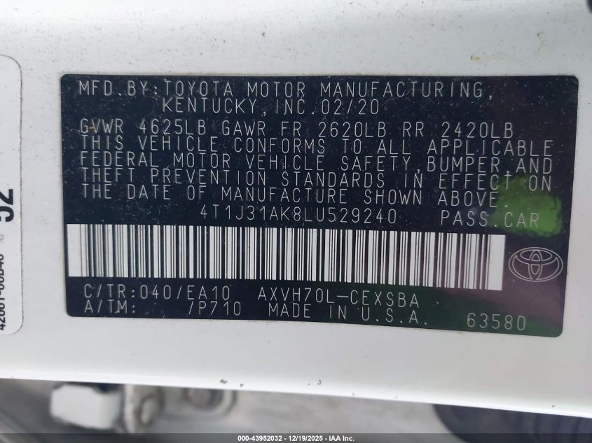 2020 Toyota Camry Hybrid Se VIN: 4T1J31AK8LU529240 Lot: 43952032