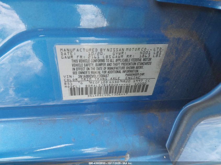 2020 Nissan Sentra Sv Xtronic Cvt VIN: 3N1AB8CV0LY308447 Lot: 43952033