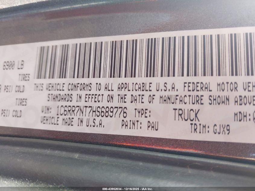 2017 Ram 1500 Laramie 4X4 5'7 Box VIN: 1C6RR7NT7HS689776 Lot: 43952034