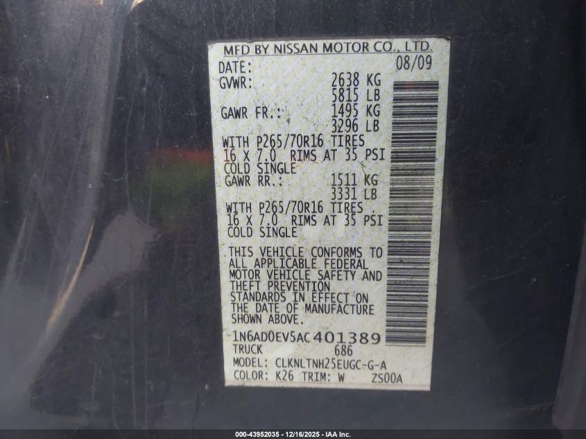 2010 Nissan Frontier Se VIN: 1N6AD0EV5AC401389 Lot: 43952035