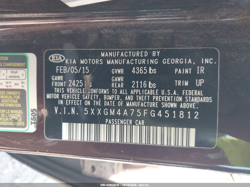 2015 Kia Optima Lx VIN: 5XXGM4A75FG451812 Lot: 43952036