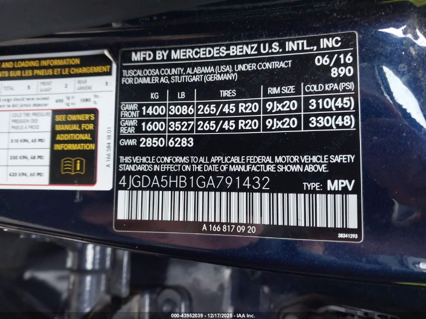 2016 Mercedes-Benz Gle 350 4Matic VIN: 4JGDA5HB1GA791432 Lot: 43952039