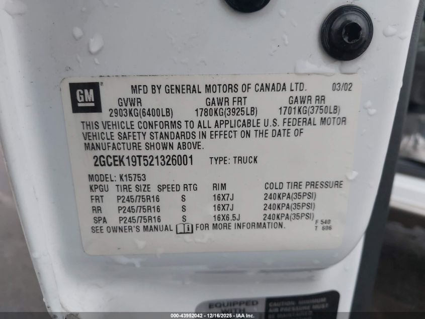 2002 Chevrolet Silverado 1500 Ls VIN: 2GCEK19T521326001 Lot: 43952042