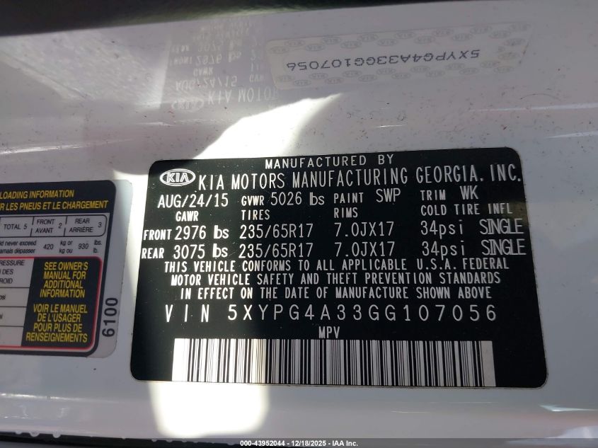 2016 Kia Sorento 2.4L Lx VIN: 5XYPG4A33GG107056 Lot: 43952044